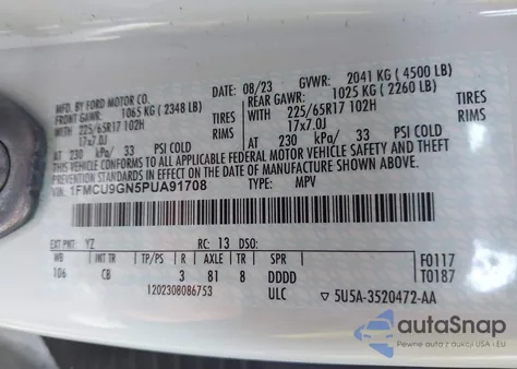 2023 Ford Escape Active z USA, uszkodzony, nr VIN 1FMCU9GN5PUA91708